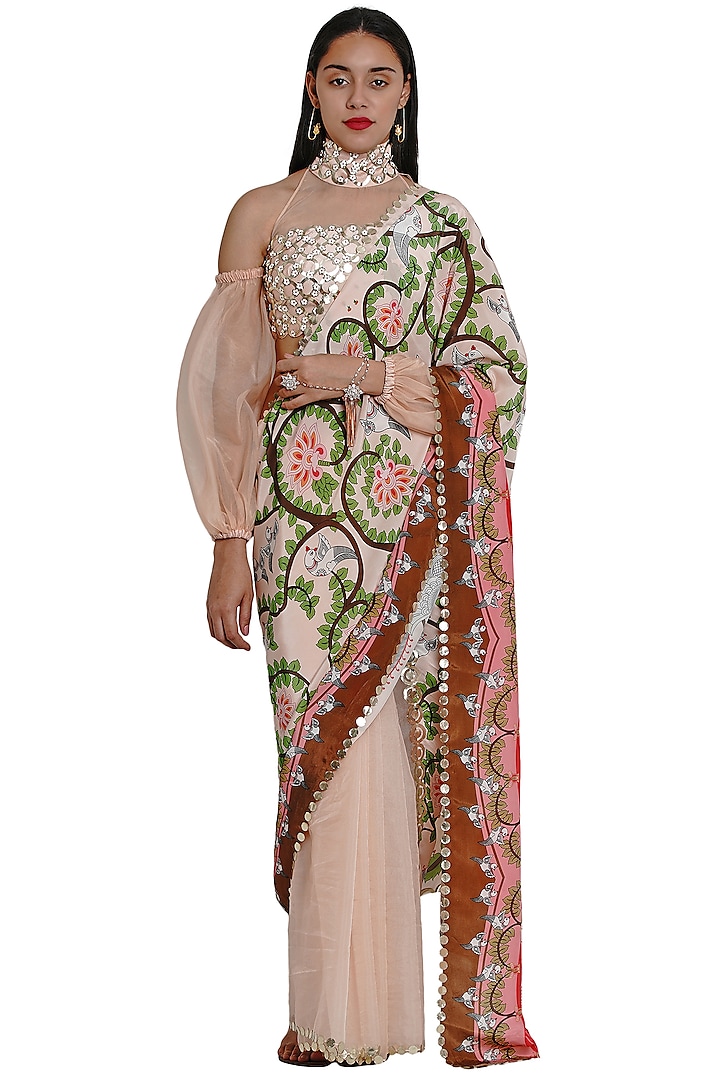 Blush Pink Printed & Embroidered Saree by Limerick By Abirr N' Nanki
