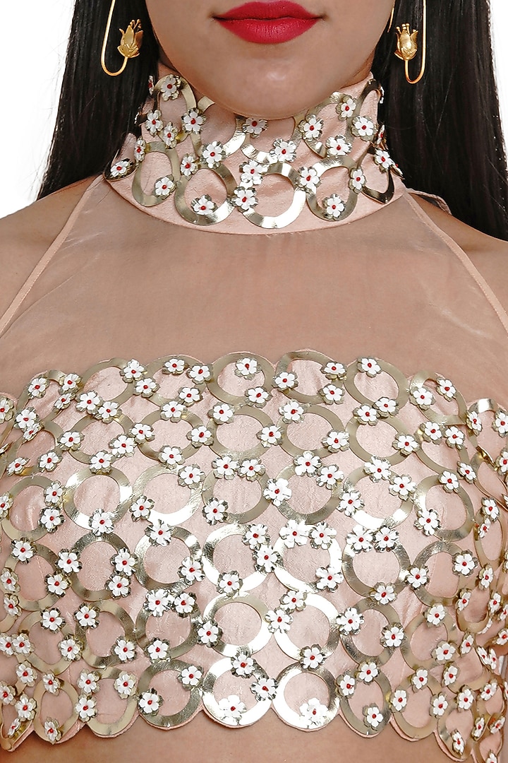 Blush Pink Rexine Embroidered Blouse by Limerick By Abirr N' Nanki at Pernia's Pop Up Shop