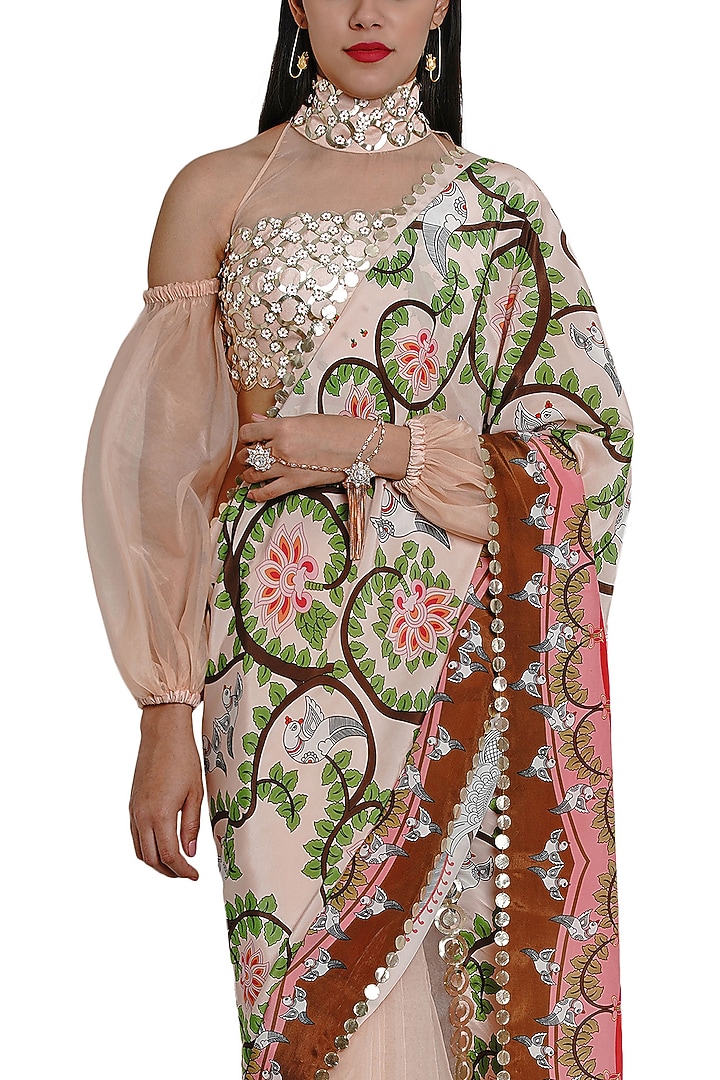 Blush Pink Rexine Embroidered Blouse by Limerick By Abirr N' Nanki at Pernia's Pop Up Shop