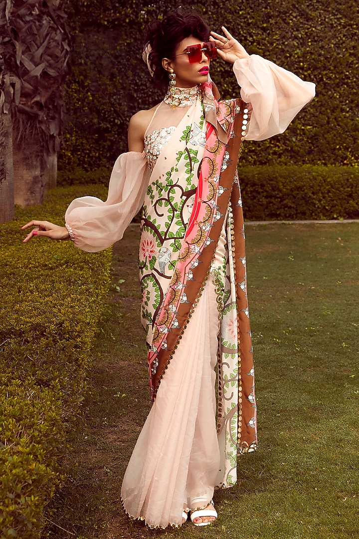 Blush Pink Rexine Embroidered Blouse by Limerick By Abirr N' Nanki at Pernia's Pop Up Shop