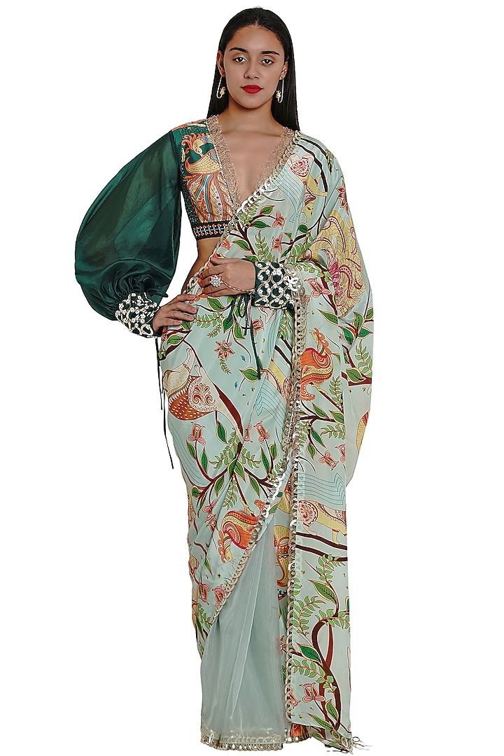 Green Crepe Cutwork Hand Embroidered & Printed Saree by Limerick By Abirr N' Nanki at Pernia's Pop Up Shop