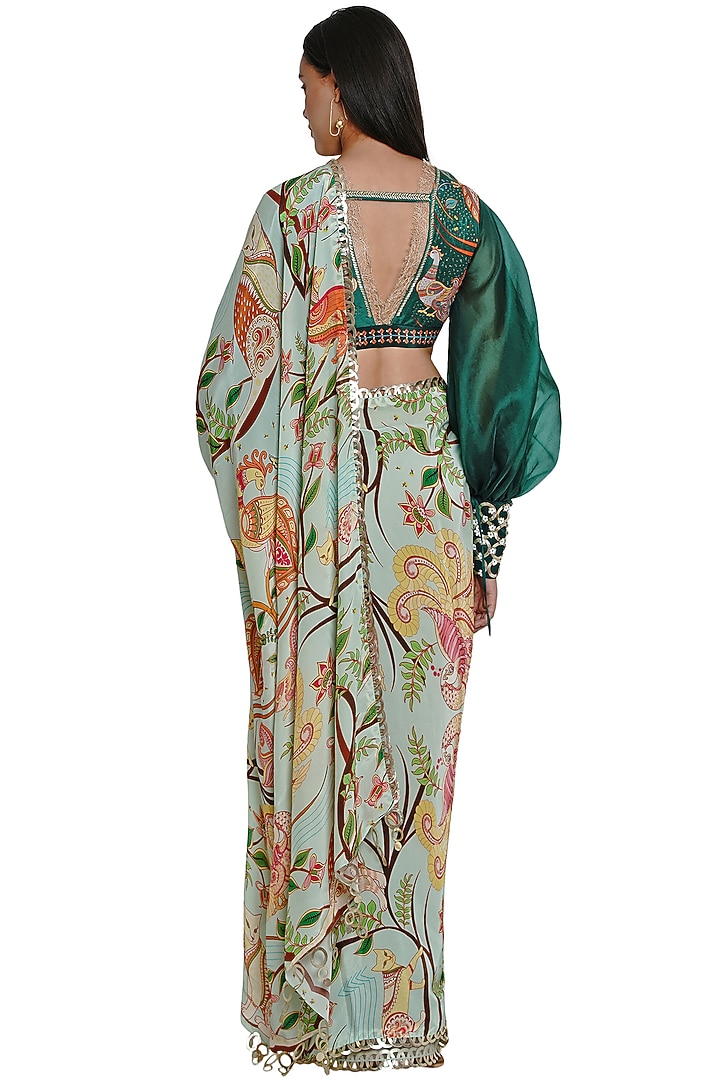 Green Crepe Cutwork Hand Embroidered & Printed Party Wear Saree by Limerick By Abirr N' Nanki at Pernia's Pop Up Shop