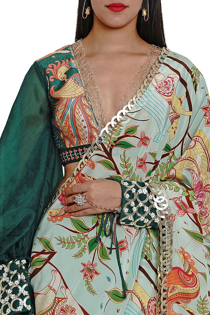 Green Crepe Cutwork Hand Embroidered & Printed Party Wear Saree by Limerick By Abirr N' Nanki at Pernia's Pop Up Shop