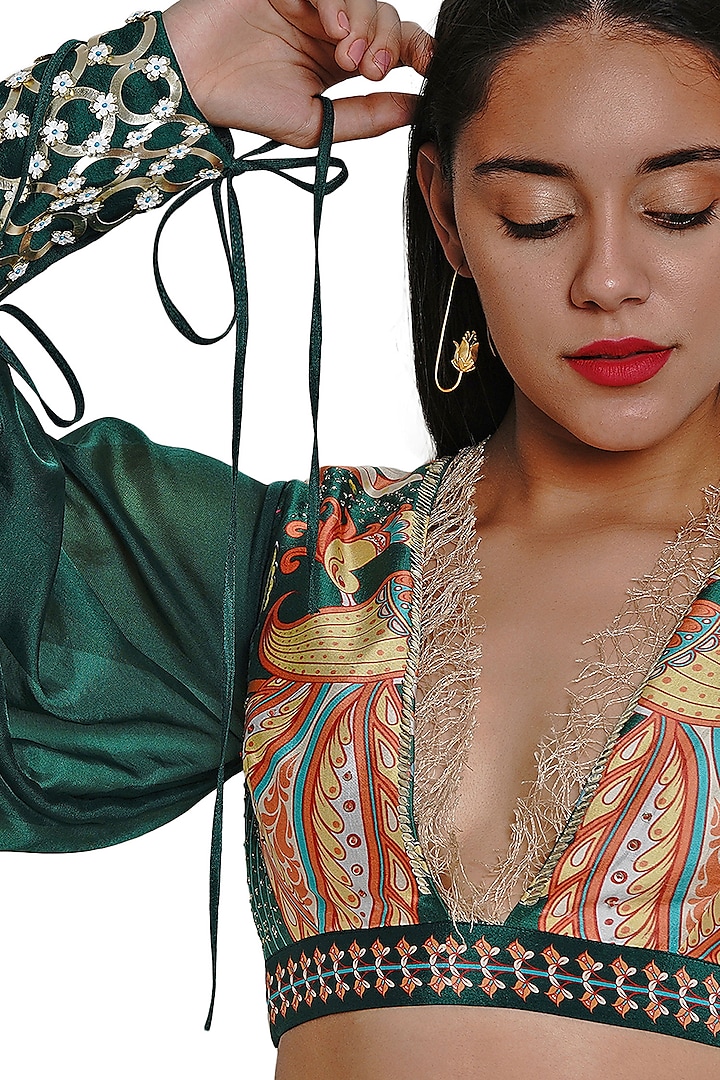 Green Hand Embroidered Blouse by Limerick By Abirr N' Nanki at Pernia's Pop Up Shop