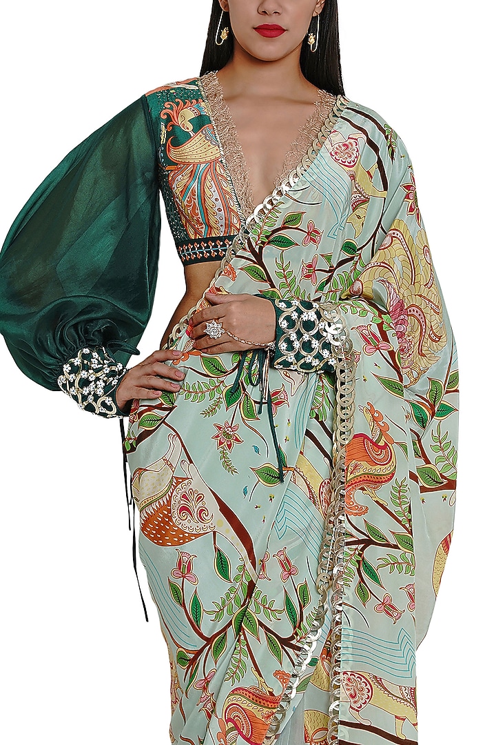 Green Hand Embroidered Blouse by Limerick By Abirr N' Nanki at Pernia's Pop Up Shop