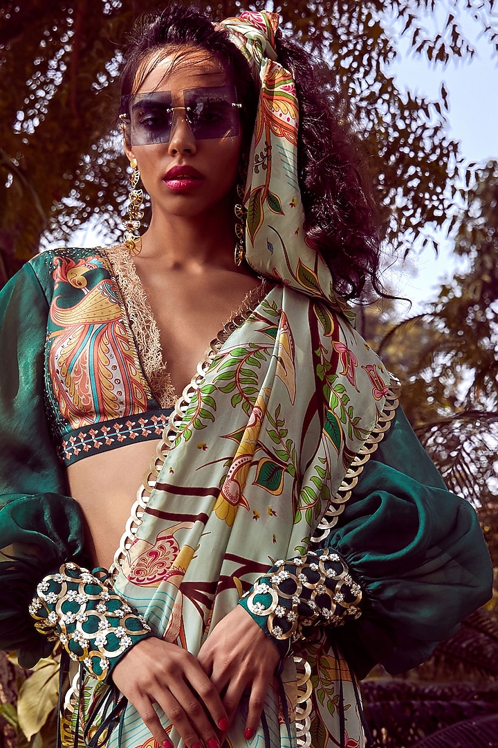 Green Hand Embroidered Blouse by Limerick By Abirr N' Nanki at Pernia's Pop Up Shop