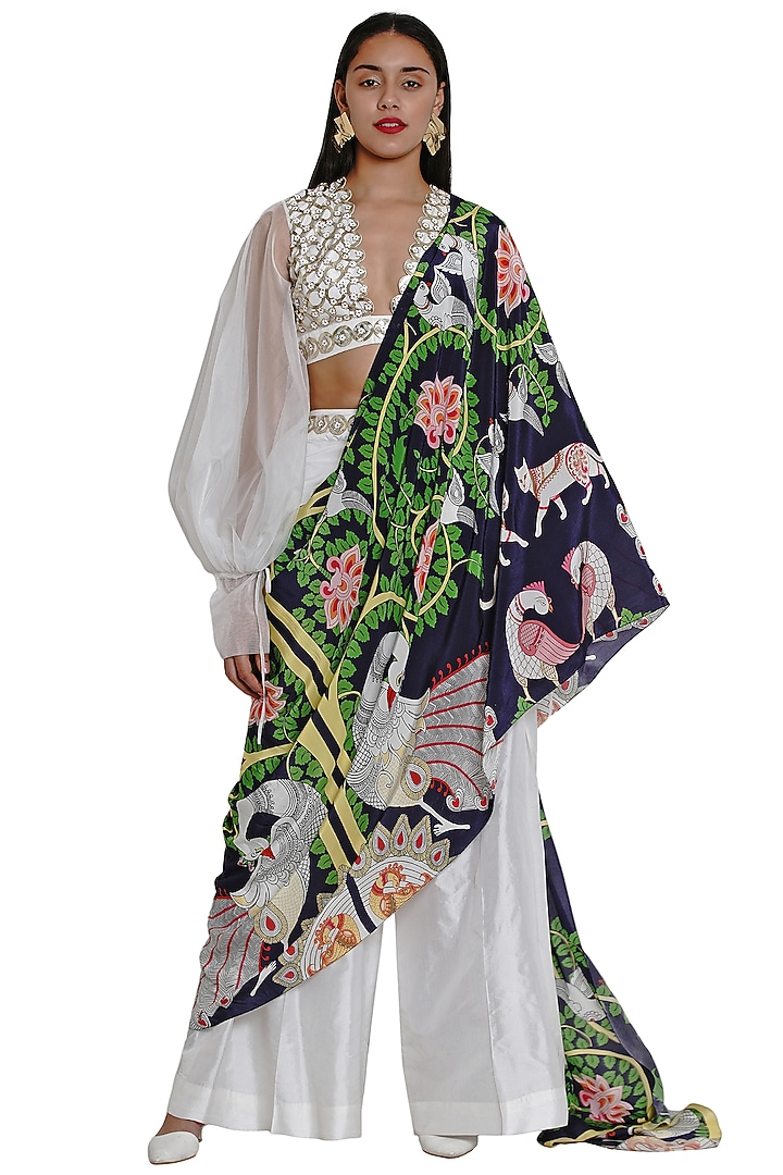 Ivory & Navy Blue Crepe Hand Embellished Pre-Stitched Pant Wedding Saree Set by Limerick By Abirr N' Nanki at Pernia's Pop Up Shop