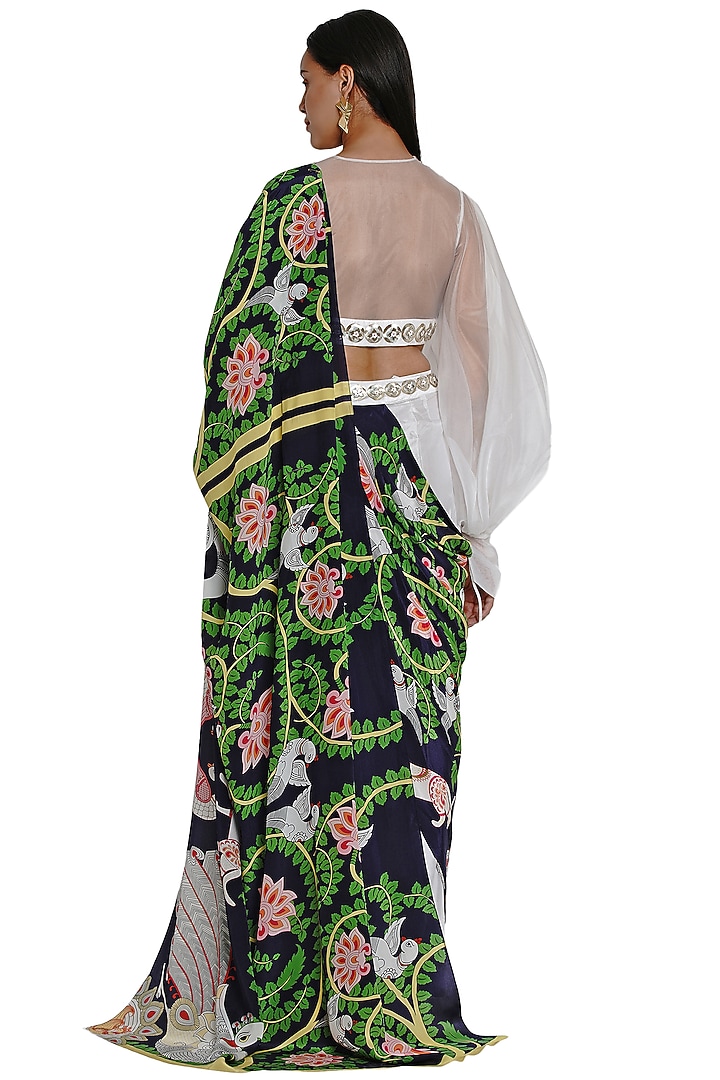 Ivory & Navy Blue Crepe Hand Embellished Pre-Stitched Pant Wedding Saree Set by Limerick By Abirr N' Nanki at Pernia's Pop Up Shop