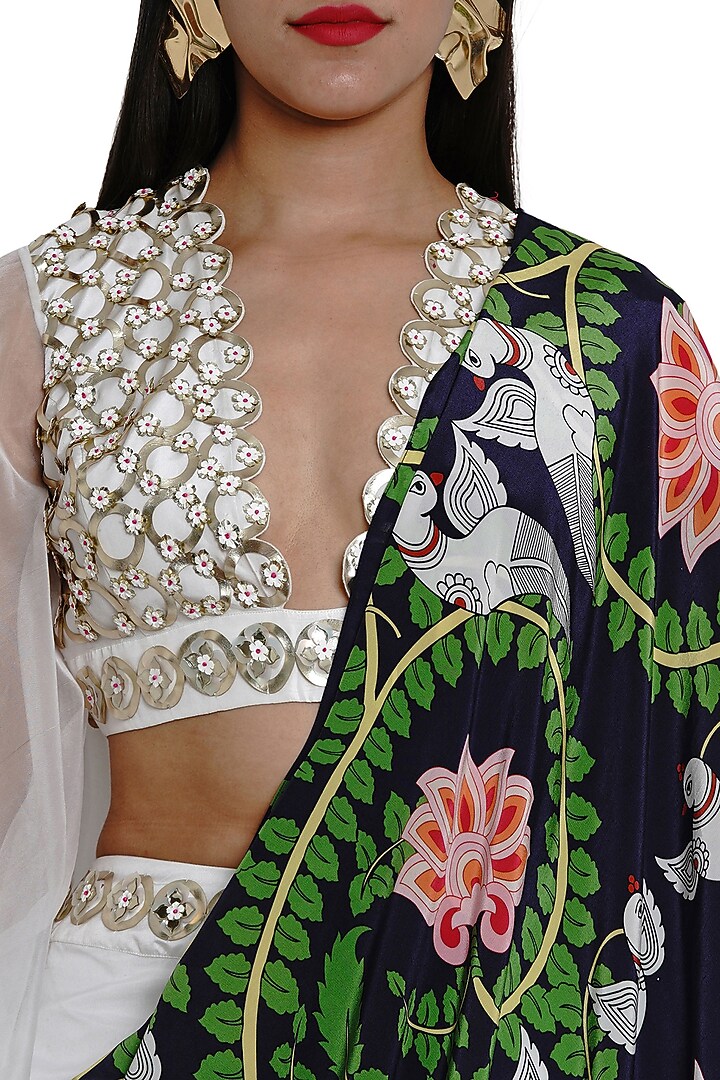 Ivory & Navy Blue Crepe Hand Embellished Pre-Stitched Pant Wedding Saree Set by Limerick By Abirr N' Nanki at Pernia's Pop Up Shop