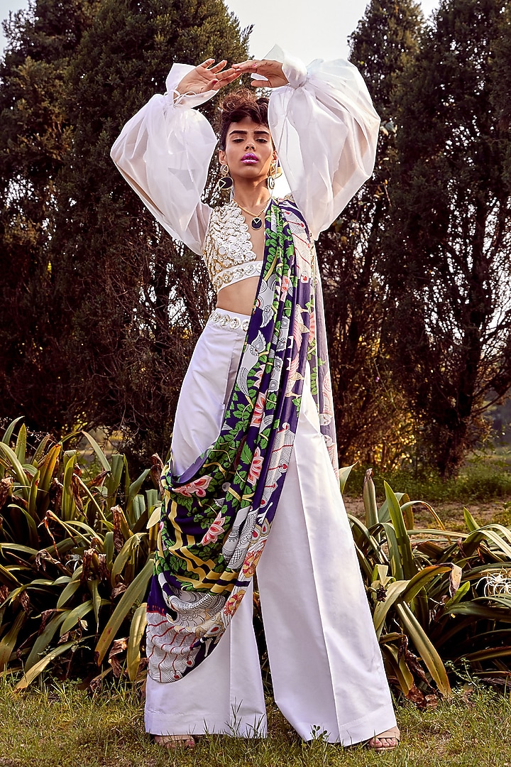 Ivory & Navy Blue Crepe Hand Embellished Pre-Stitched Pant Wedding Saree Set by Limerick By Abirr N' Nanki at Pernia's Pop Up Shop