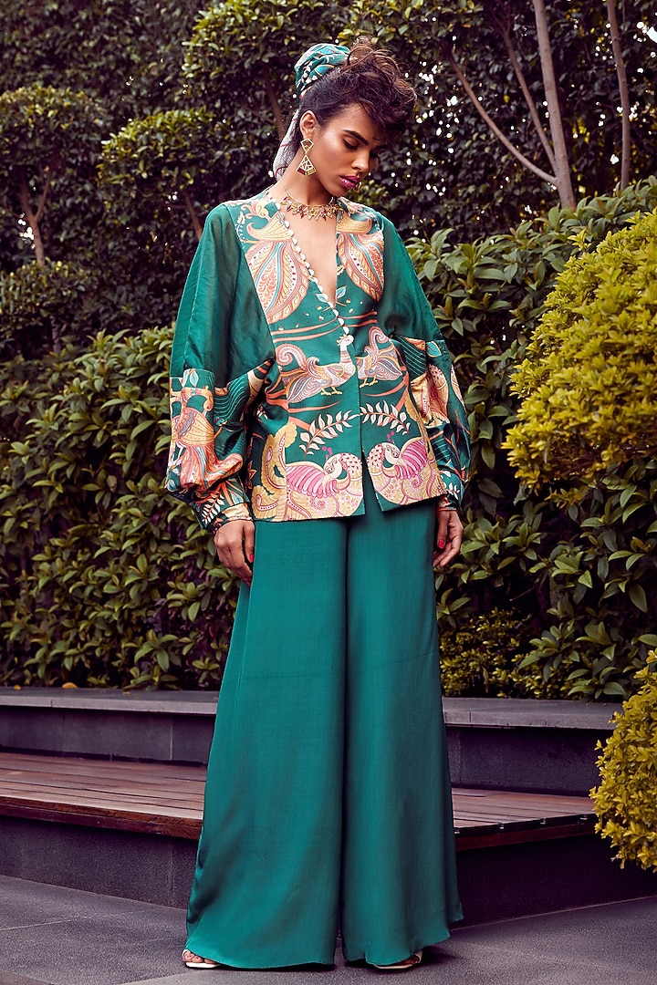 Dark Green Embellished & Printed Jacket by Limerick By Abirr N' Nanki at Pernia's Pop Up Shop