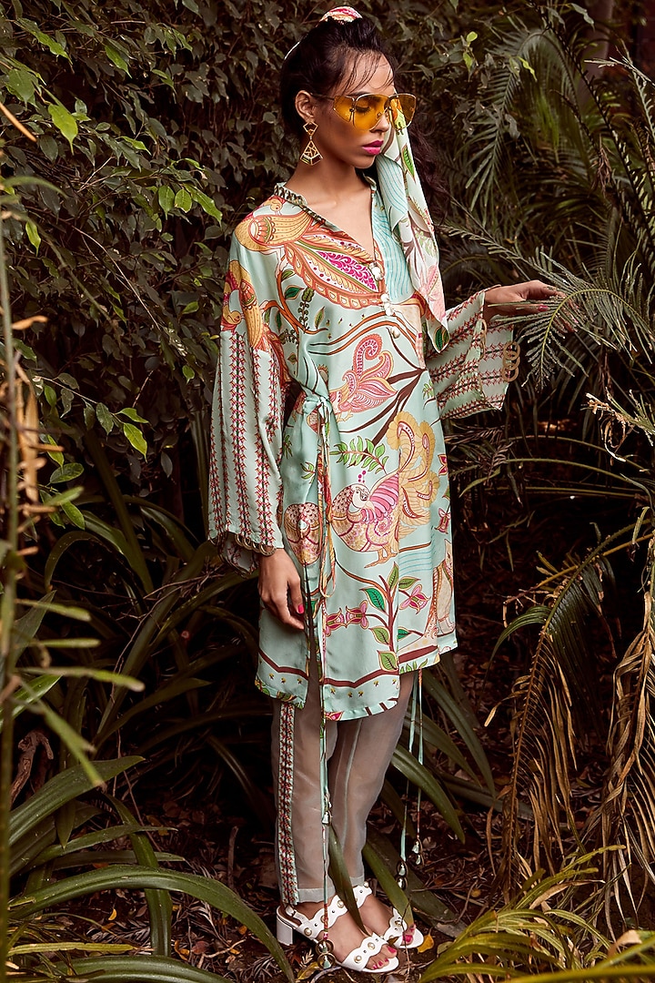Pistachio Green Printed Sheer Pants by Limerick By Abirr N' Nanki at Pernia's Pop Up Shop