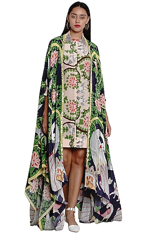 Navy Blue & Green Printed Cape by Limerick By Abirr N' Nanki