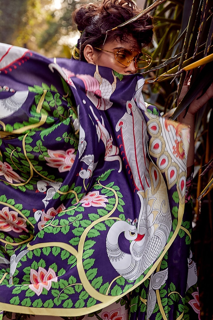 Navy Blue & Green Printed Cape by Limerick By Abirr N' Nanki at Pernia's Pop Up Shop