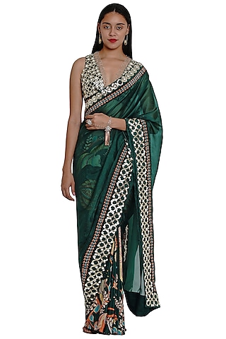 Dark Green Crepe Printed & Cutwork Embroidered Saree by Limerick By Abirr N' Nanki