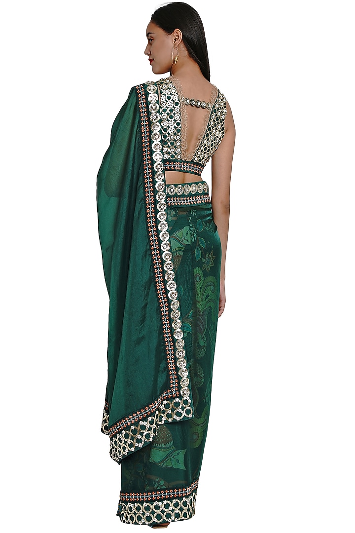 Dark Green Crepe Printed & Cutwork Embroidered Party Wear Saree by Limerick By Abirr N' Nanki at Pernia's Pop Up Shop