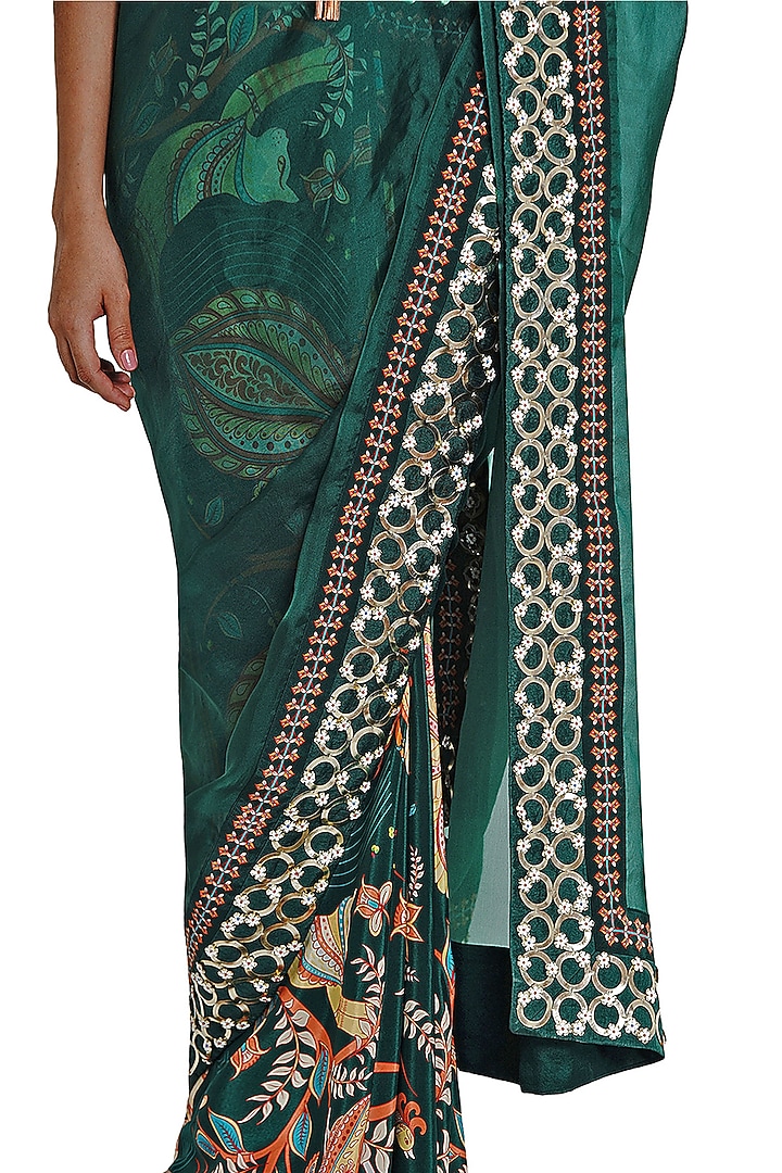 Dark Green Crepe Printed & Cutwork Embroidered Party Wear Saree by Limerick By Abirr N' Nanki at Pernia's Pop Up Shop