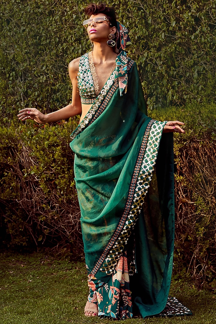 Dark Green Crepe Printed & Cutwork Embroidered Party Wear Saree by Limerick By Abirr N' Nanki at Pernia's Pop Up Shop