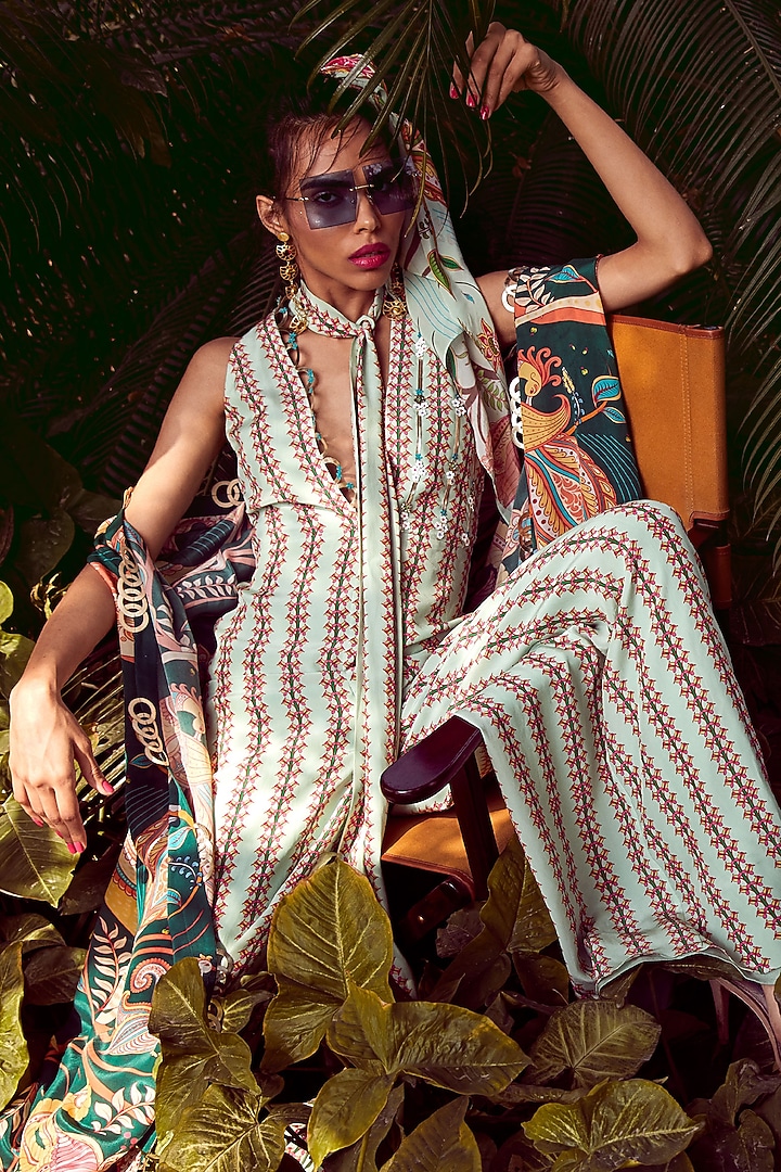 Pistachio Green Embroidered Jumpsuit by Limerick By Abirr N' Nanki at Pernia's Pop Up Shop