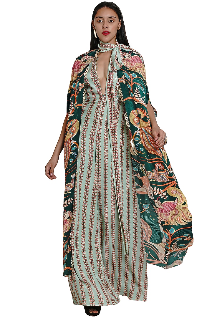 Dark Green Hand Embroidered Cape by Limerick By Abirr N' Nanki at Pernia's Pop Up Shop