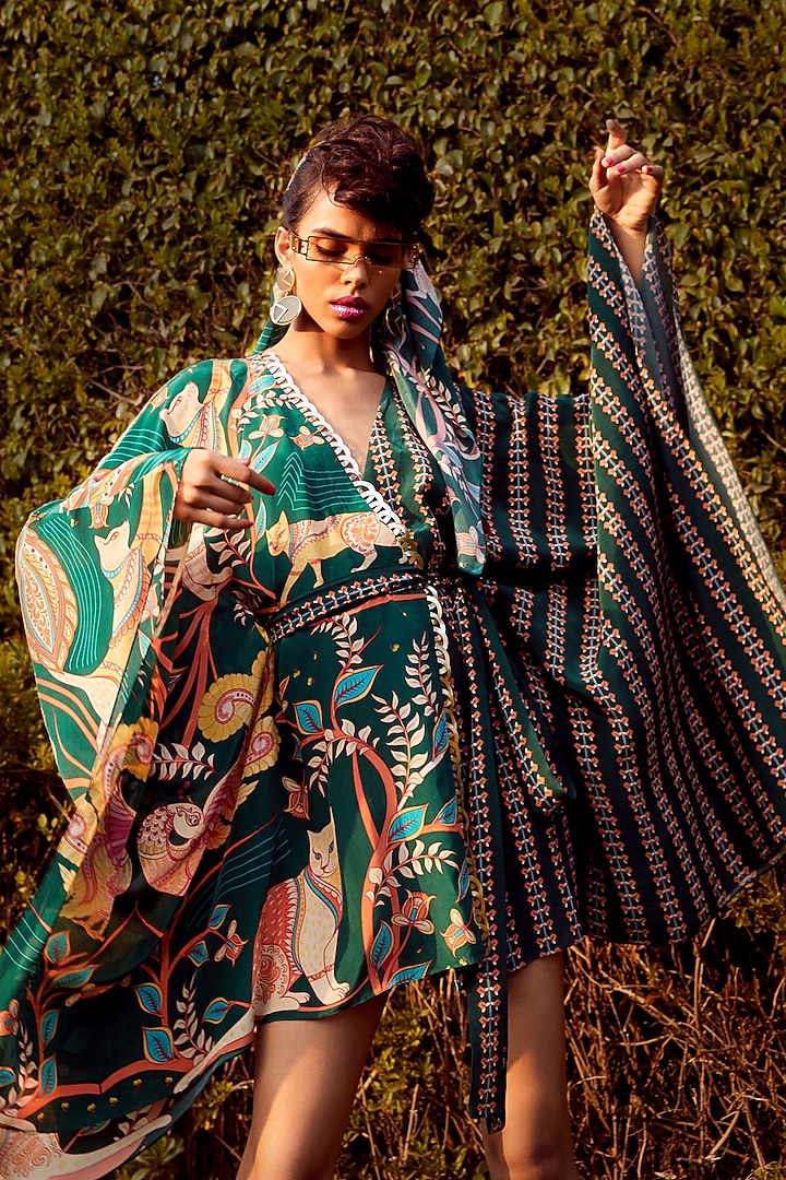 Dark Green Printed Summer Dress With Belt by Limerick By Abirr N' Nanki at Pernia's Pop Up Shop