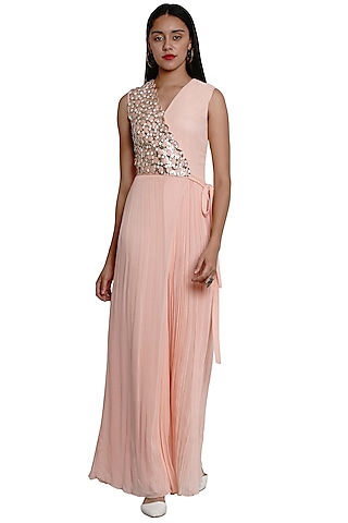 Blush Pink Jumpsuit With Floral Hand Work by Limerick By Abirr N' Nanki