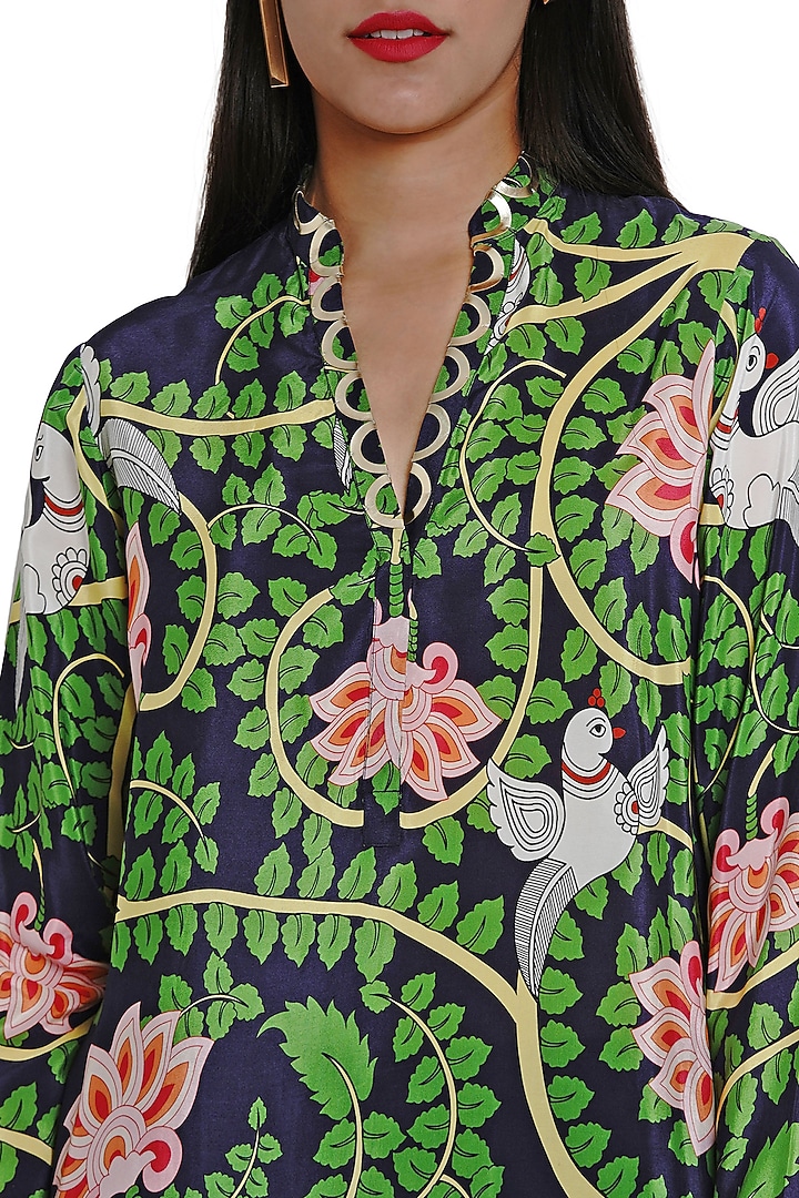 Navy Blue Print Tunic With Gold Detailing by Limerick By Abirr N' Nanki at Pernia's Pop Up Shop