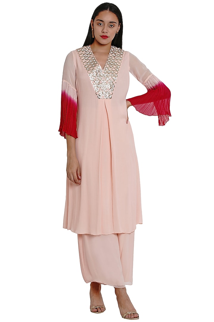 Blush Pink Embroidered Kurta With Pants by Limerick By Abirr N' Nanki