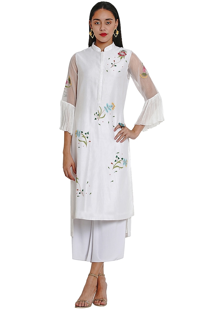 Ivory Floral Embroidered Tunic by Limerick By Abirr N' Nanki