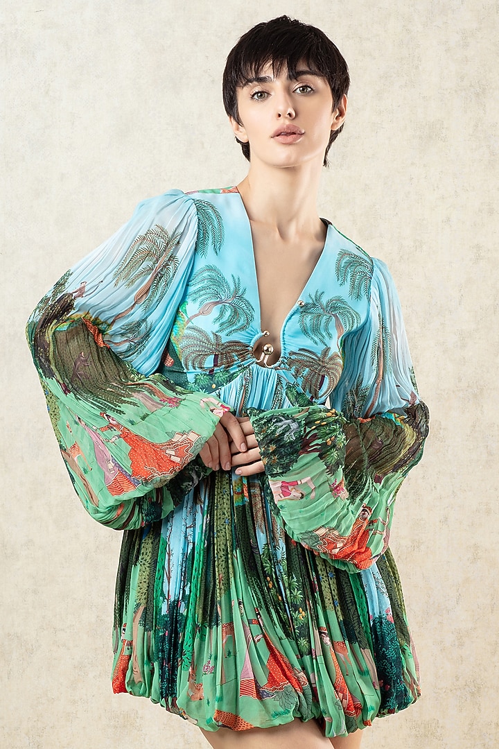 Aqua Green Printed Georgette Statement Vacation Dress by Limerick By Abirr N' Nanki at Pernia's Pop Up Shop