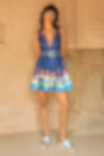 Dark Blue Scallop Satin Printed Statement Vacation Dress by Limerick By Abirr N' Nanki at Pernia's Pop Up Shop