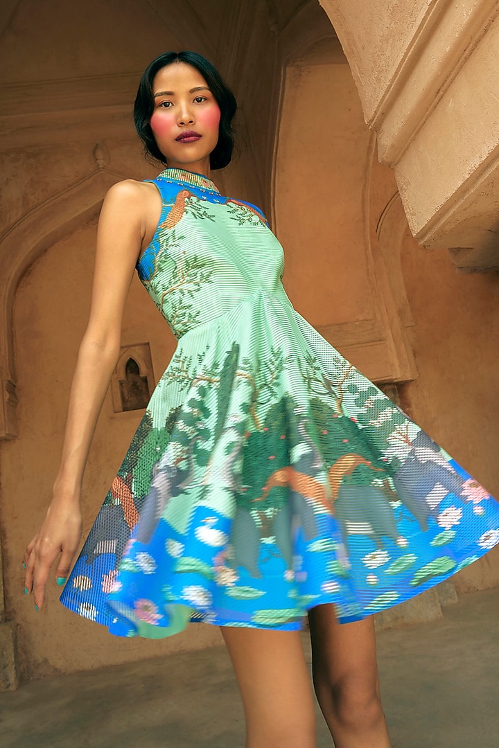 Mint Green Stripe Textured Organza Embroidered Vacation Dress by Limerick By Abirr N' Nanki at Pernia's Pop Up Shop