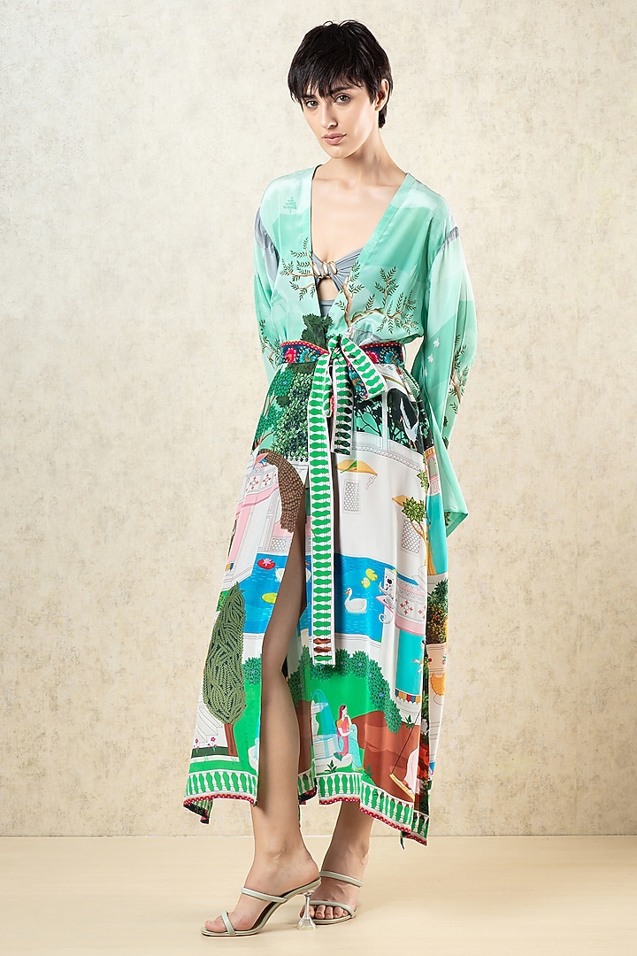 Mint Green Crepe Printed Statement Kimono by Limerick By Abirr N' Nanki at Pernia's Pop Up Shop