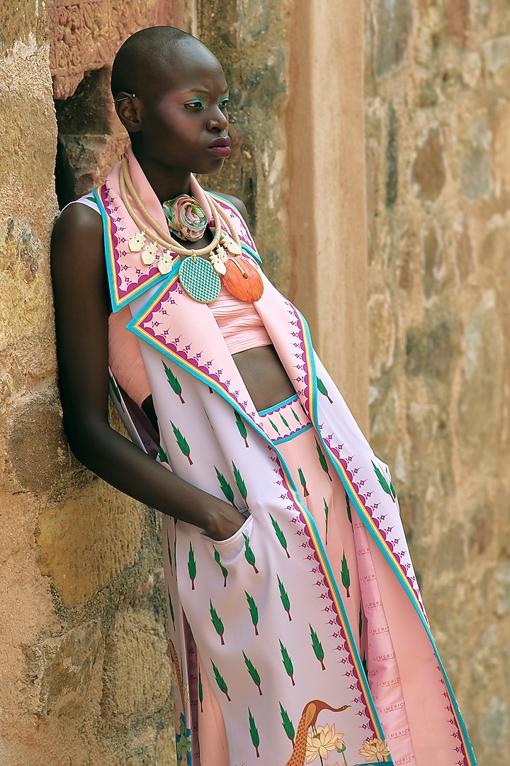 Blush Pink Crepe Printed Statement Jacket Set by Limerick By Abirr N' Nanki at Pernia's Pop Up Shop