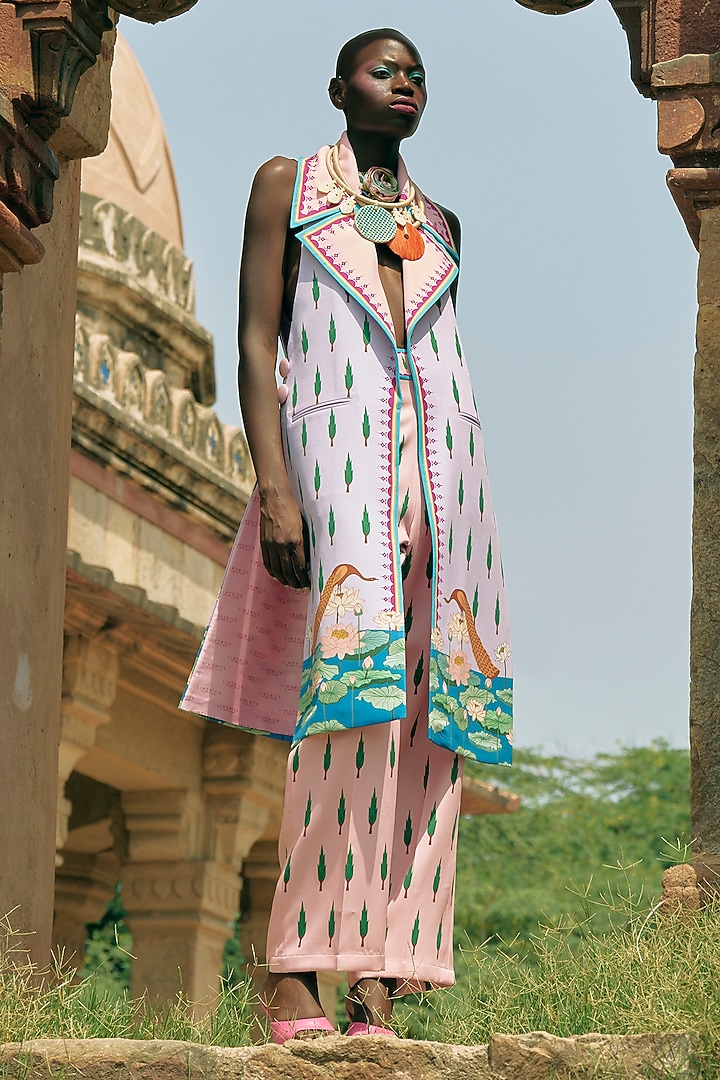 Blush Pink Crepe Printed Statement Jacket Set by Limerick By Abirr N' Nanki at Pernia's Pop Up Shop
