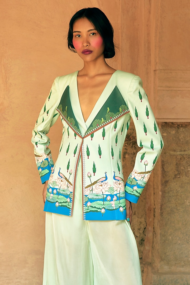 Mint Green B.Crepe Printed Statement Jacket by Limerick By Abirr N' Nanki at Pernia's Pop Up Shop