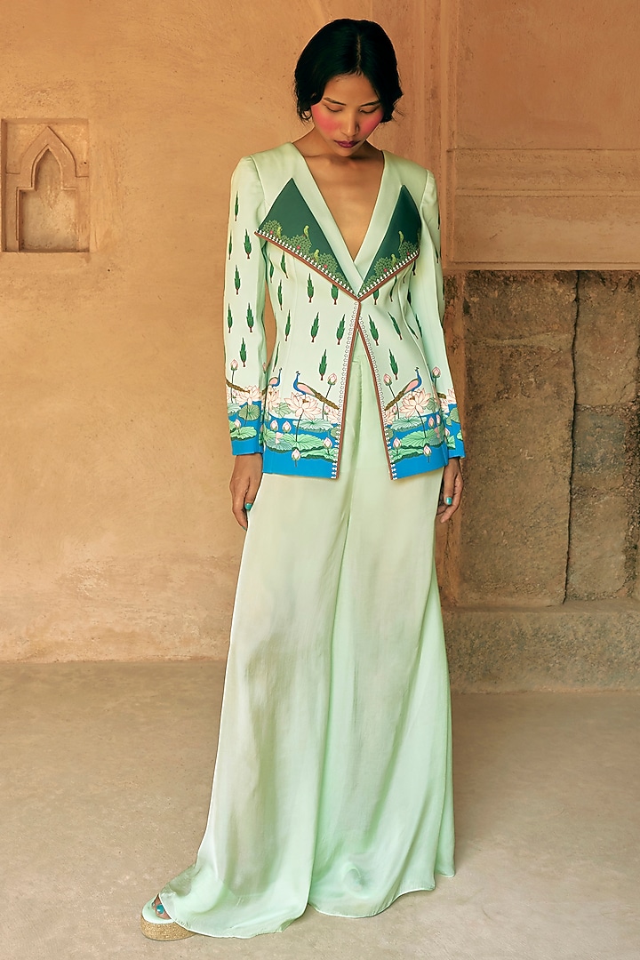 Mint Green B.Crepe Printed Statement Jacket by Limerick By Abirr N' Nanki at Pernia's Pop Up Shop