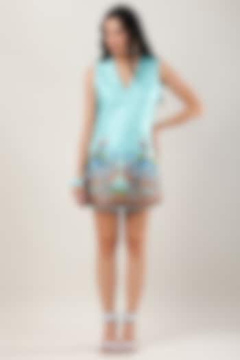 Green Scallop Textured Satin Printed Mini Summer Dress by Limerick By Abirr N' Nanki at Pernia's Pop Up Shop