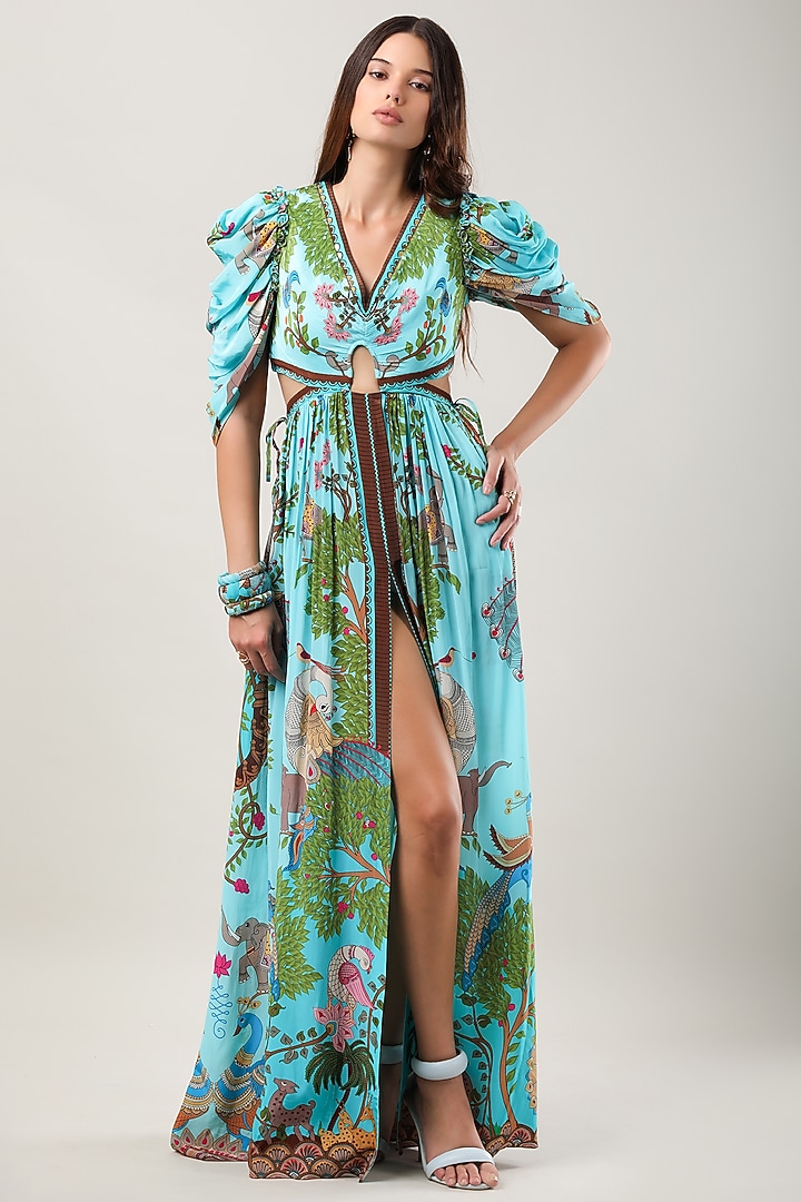 Green Crepe Printed Maxi Vacation Dress by Limerick By Abirr N' Nanki at Pernia's Pop Up Shop