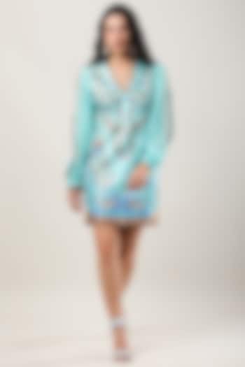 Green Scallop Textured Satin Printed Mini Vacation Dress by Limerick By Abirr N' Nanki at Pernia's Pop Up Shop