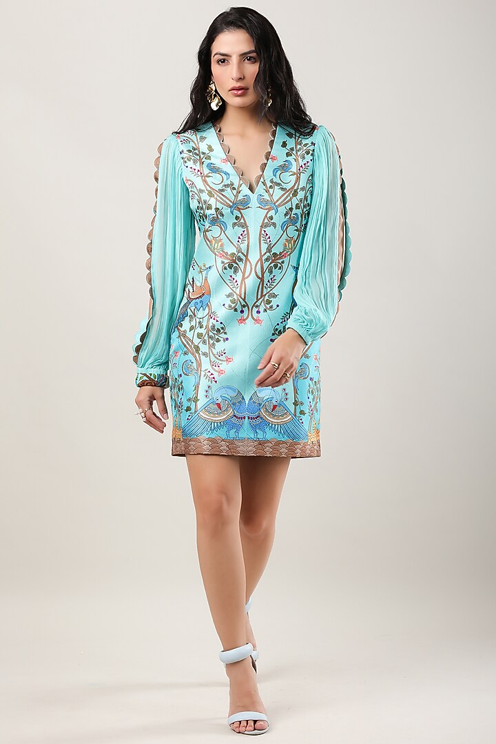 Green Scallop Textured Satin Printed Mini Vacation Dress by Limerick By Abirr N' Nanki at Pernia's Pop Up Shop