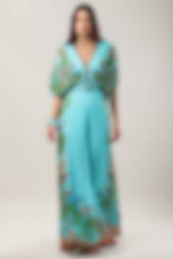 Green Georgette Printed & Embroidered Jumpsuit by Limerick By Abirr N' Nanki at Pernia's Pop Up Shop