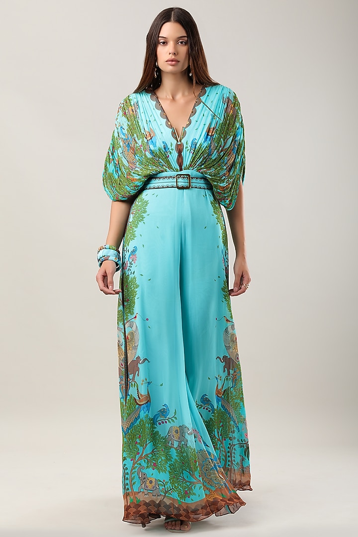 Green Georgette Printed & Embroidered Jumpsuit by Limerick By Abirr N' Nanki at Pernia's Pop Up Shop