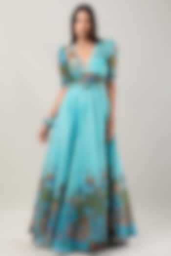 Green Striped Organza Printed Maxi Vacation Dress With Belt by Limerick By Abirr N' Nanki at Pernia's Pop Up Shop