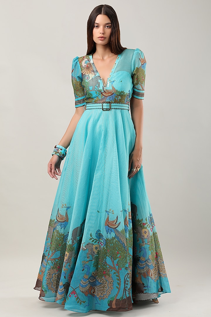 Green Striped Organza Printed Maxi Vacation Dress With Belt by Limerick By Abirr N' Nanki at Pernia's Pop Up Shop