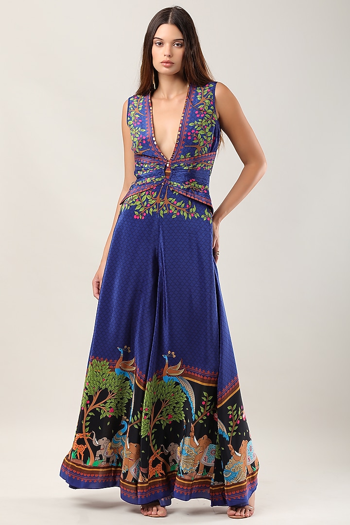 Blue Crepe Printed Jumpsuit by Limerick By Abirr N' Nanki at Pernia's Pop Up Shop
