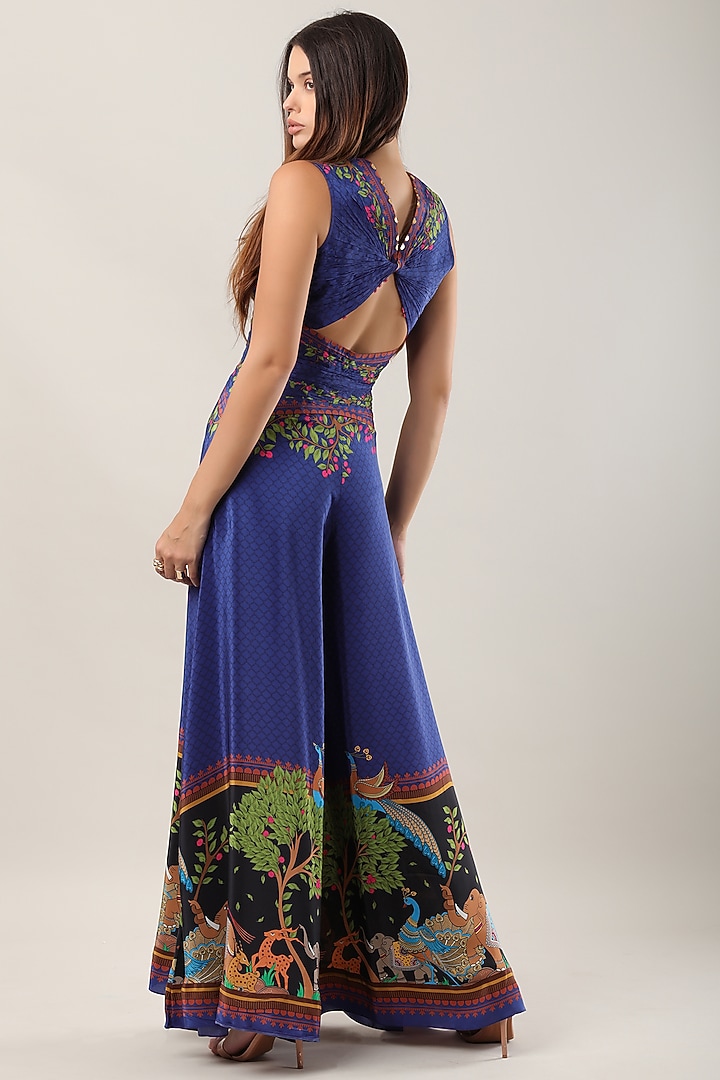 Blue Crepe Printed Jumpsuit by Limerick By Abirr N' Nanki at Pernia's Pop Up Shop