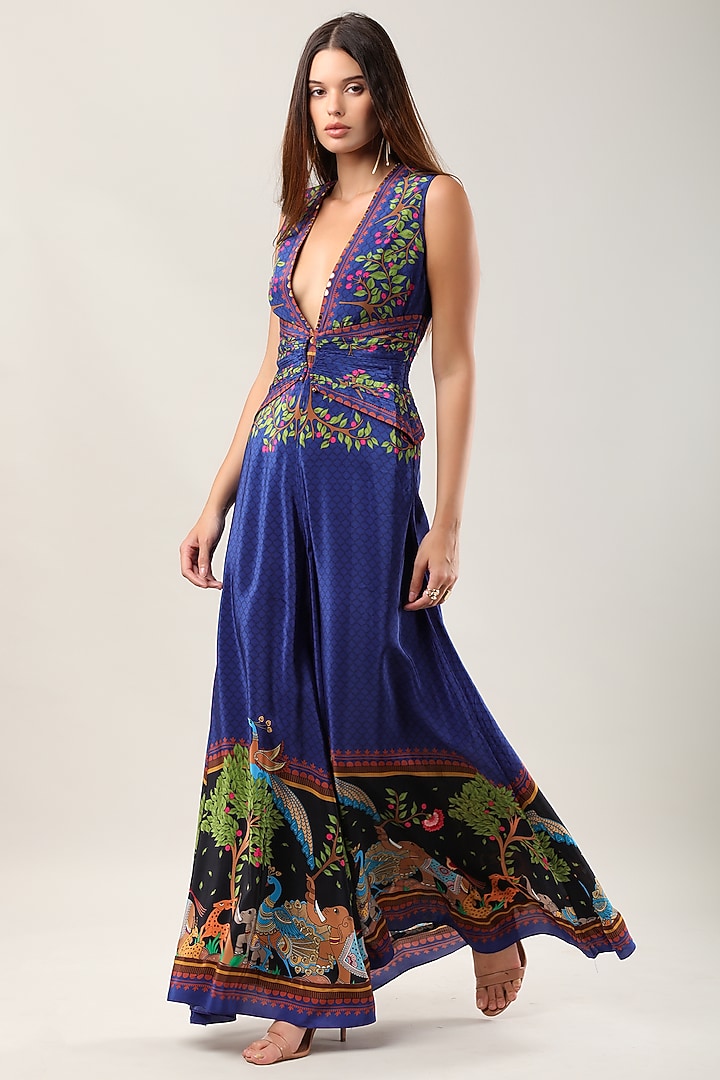 Blue Crepe Printed Jumpsuit by Limerick By Abirr N' Nanki at Pernia's Pop Up Shop
