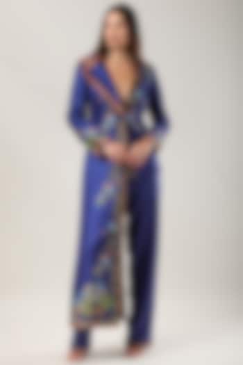 Blue Scallop Textured Satin Printed Jacket by Limerick By Abirr N' Nanki at Pernia's Pop Up Shop