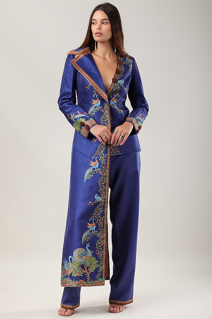 Blue Scallop Textured Satin Printed Jacket by Limerick By Abirr N' Nanki at Pernia's Pop Up Shop